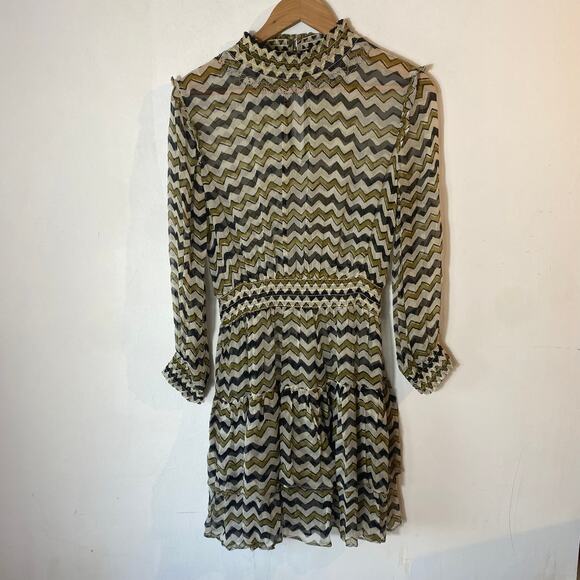 Anthropologie HD Paris Sierade Chevron Ruffle Boho Mini Dress SZ 4 Sheer Retro - Picture 8 of 10